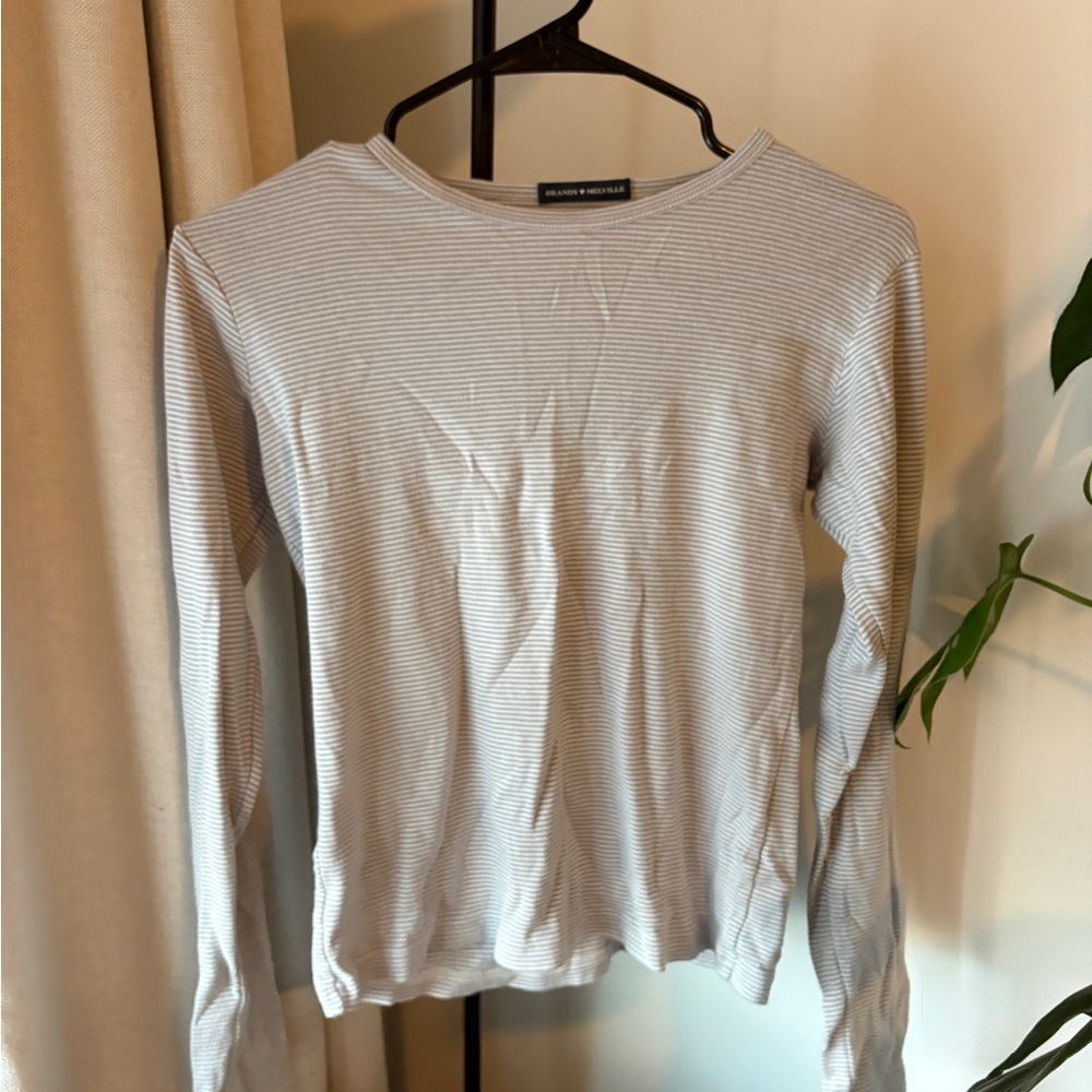 Brandy Melville Classic Striped Long-Sleeve Crewneck Top - Light Blue/White
